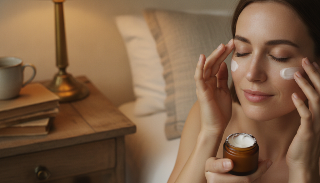 A woman gently applying a small amount of the homemade night balm to her clean face before bed her skin looking soft and
