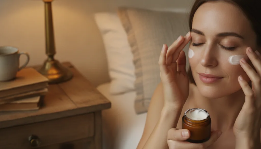 A woman gently applying a small amount of the homemade night balm to her clean face before bed her skin looking soft and