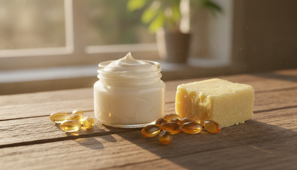 A luxurious creamy DIY night balm in a small glass jar with a few Vitamin E capsules and a chunk of shea butter next to 