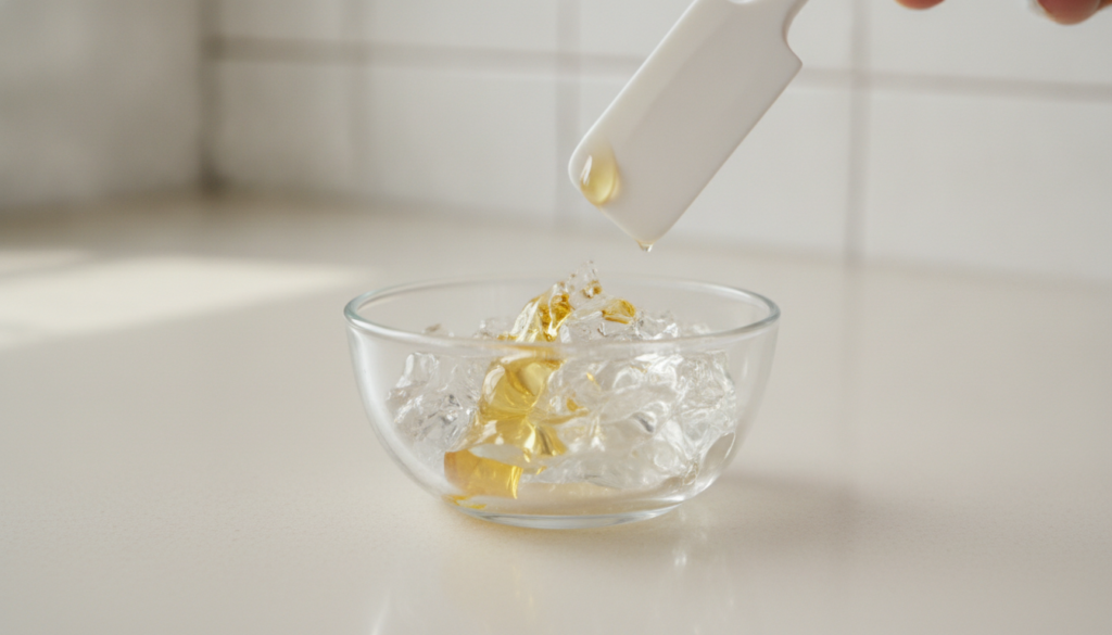 A small glass bowl with a dollop of Vaseline and a few drops of Vitamin E oil with a small spatula or fingertip ready to
