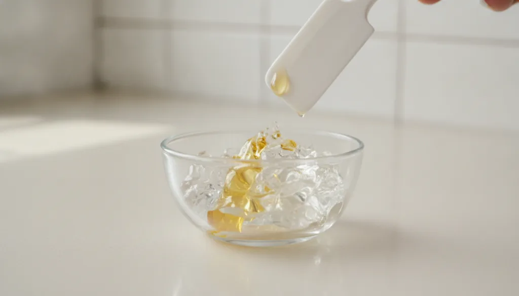 A small glass bowl with a dollop of Vaseline and a few drops of Vitamin E oil with a small spatula or fingertip ready to