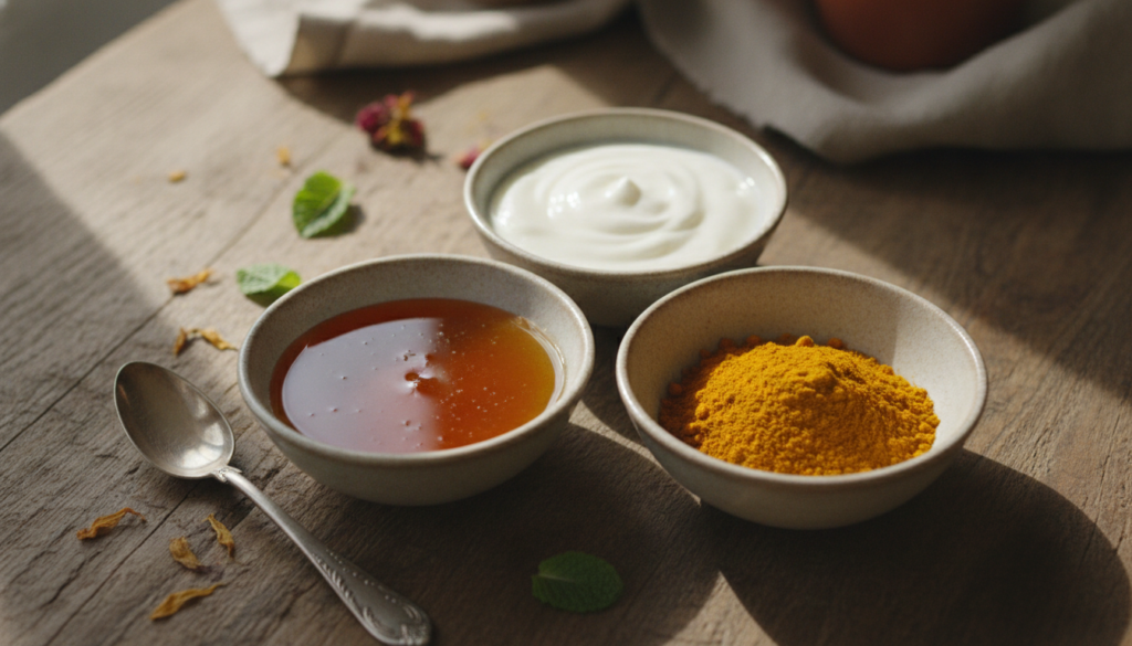 A close-up of small bowls with honey turmeric powder and plain yogurt arranged on a rustic wooden table highlighting nat