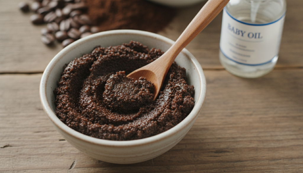 Close-up shot of a small bowl containing a homemade coffee and baby oil scrub with a measuring spoon resting in it Ingre
