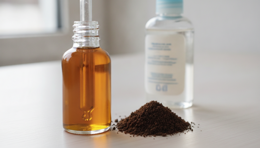 A close-up shot of a small elegant glass dropper bottle filled with a golden-brown coffee-infused oil next to a small pi