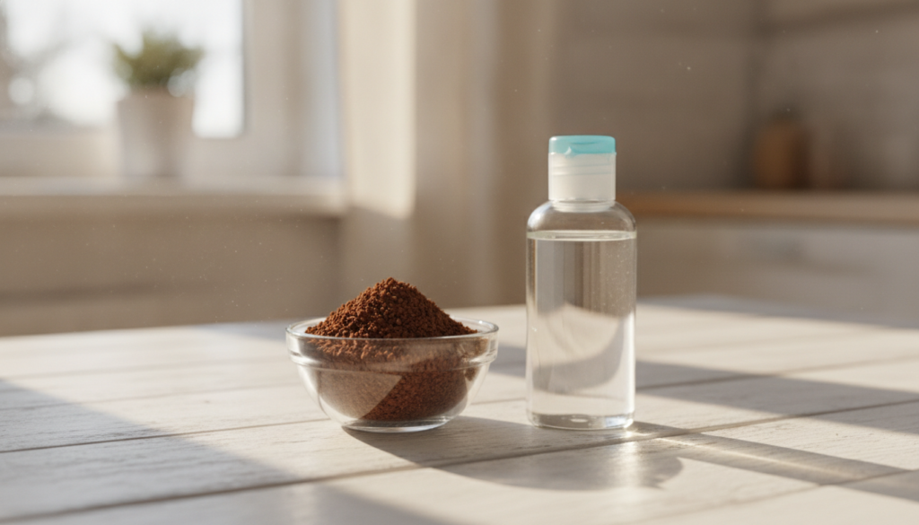 A small bowl containing instant coffee granules next to a bottle of baby oil on a clean light surface suggesting simple 