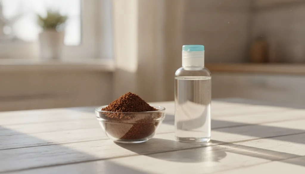 A small bowl containing instant coffee granules next to a bottle of baby oil on a clean light surface suggesting simple 
