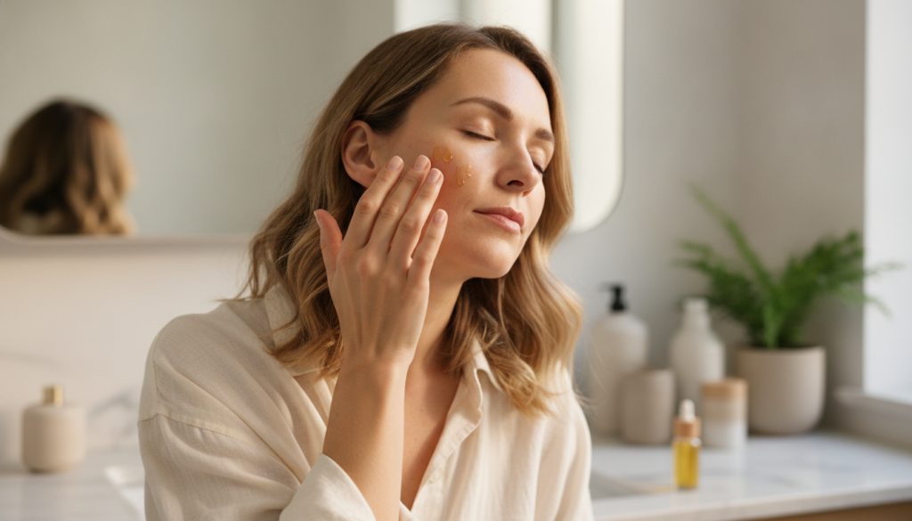 A woman gently massaging a few drops of the infused oil onto her clean face