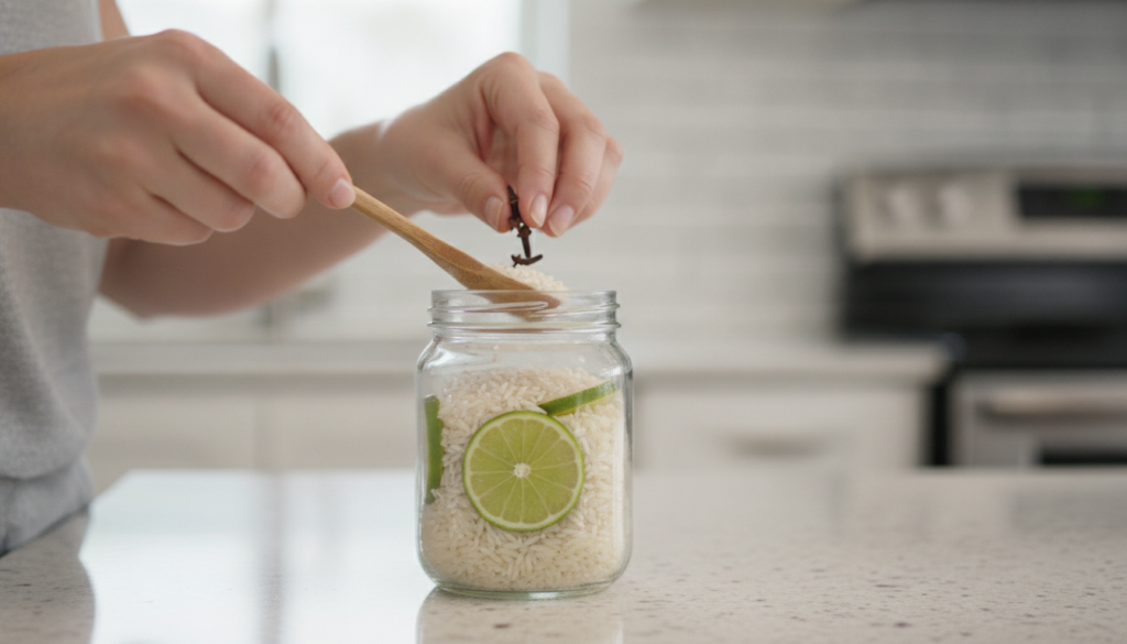 Hands placing whole cloves rice and lime slices into a glass jar ready for oil infusion