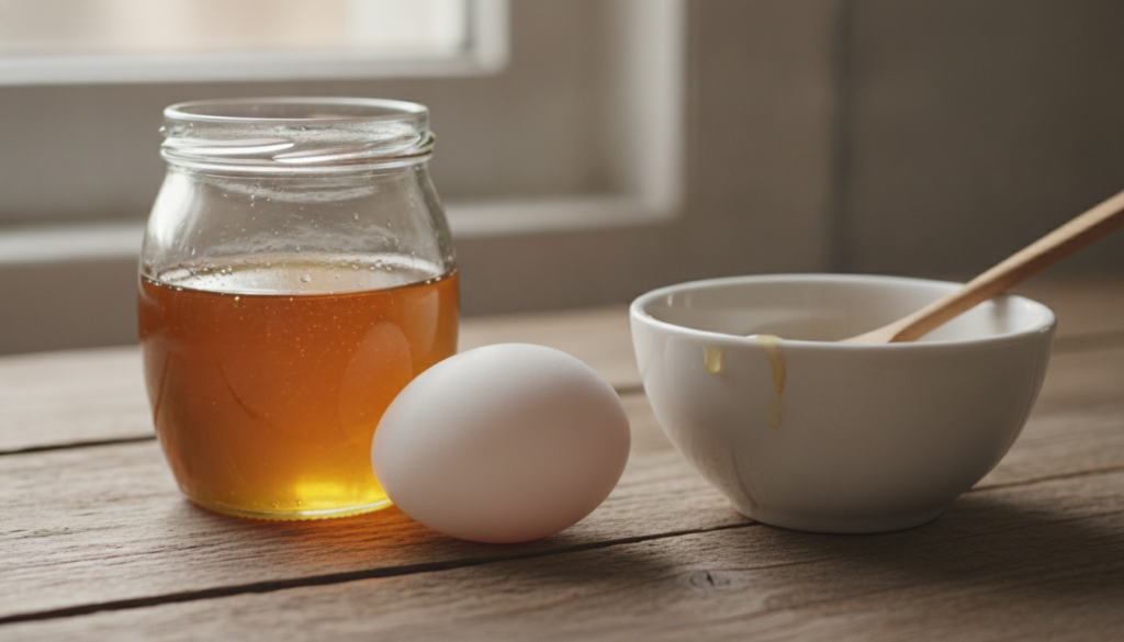 A close-up of a fresh egg a jar of golden honey and a small bowl representing the simple ingredients for a DIY beauty ma