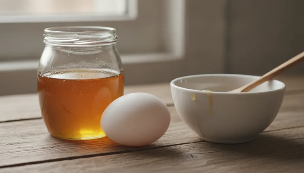 A close-up of a fresh egg a jar of golden honey and a small bowl representing the simple ingredients for a DIY beauty ma