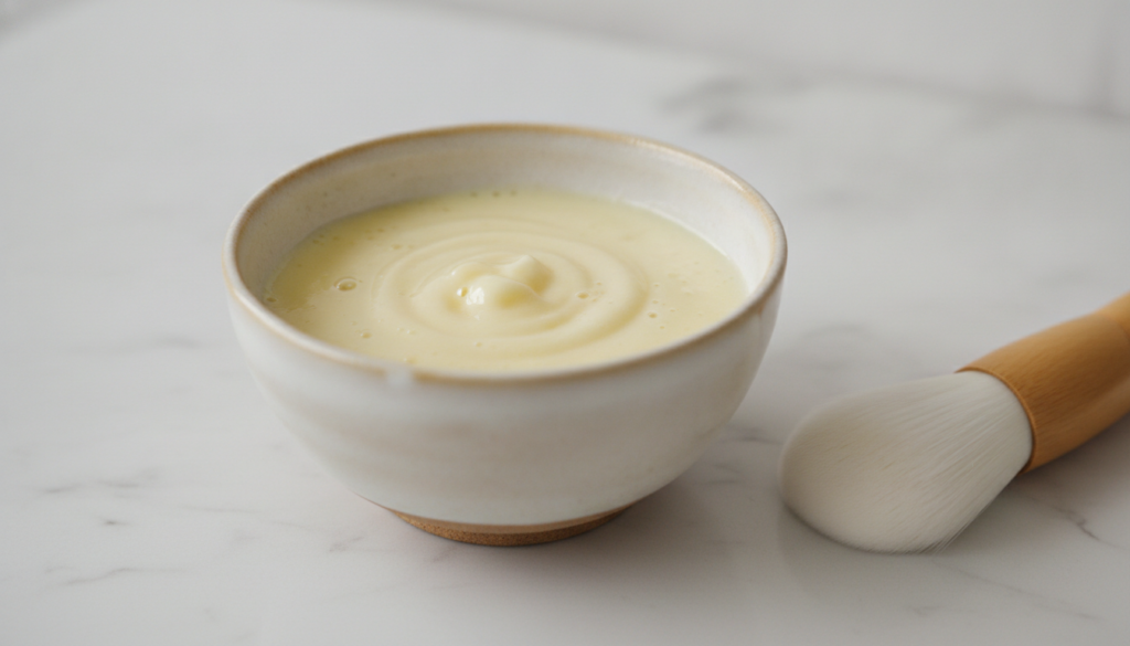 A small bowl with a creamy pale yellow DIY face mask mixture made from egg white and honey with a brush next to it ready