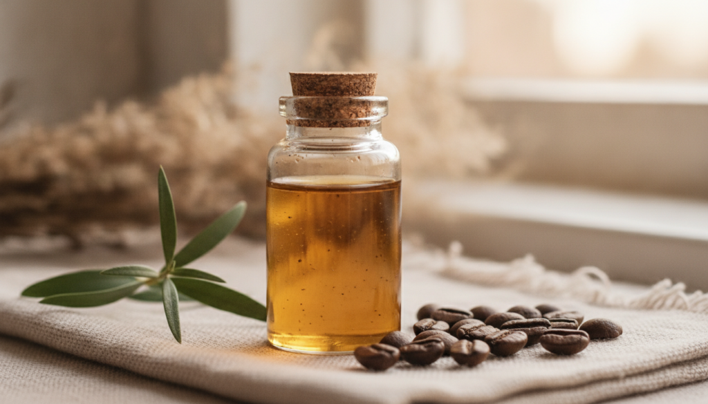 A small clear glass bottle filled with a light brown coffee-infused oil placed next to a few coffee beans and a small sp
