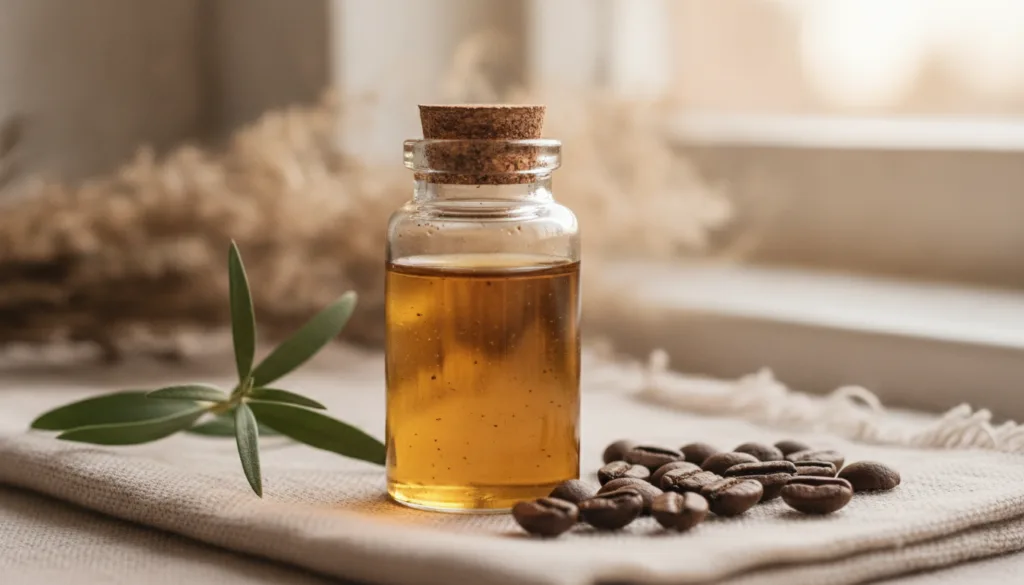A small clear glass bottle filled with a light brown coffee-infused oil placed next to a few coffee beans and a small sp