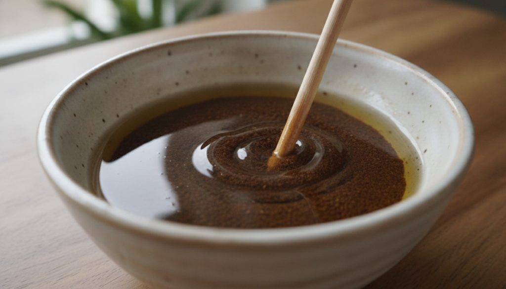 A close-up shot of coffee grounds being mixed with baby oil in a small bowl highlighting the texture and process of crea