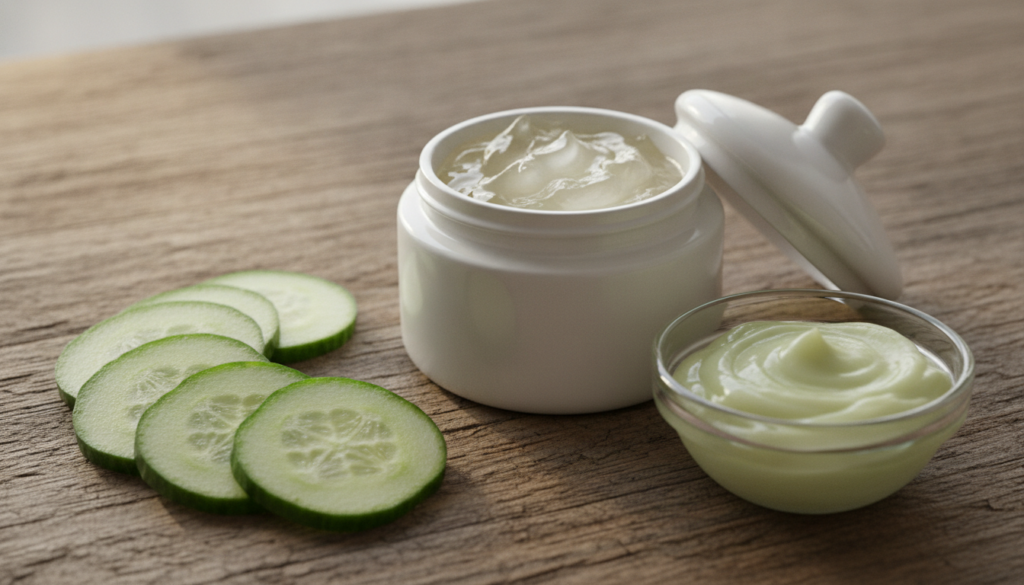 Fresh cucumber slices and a jar of Vaseline with a small bowl containing a creamy green-tinted balm on a natural wooden 