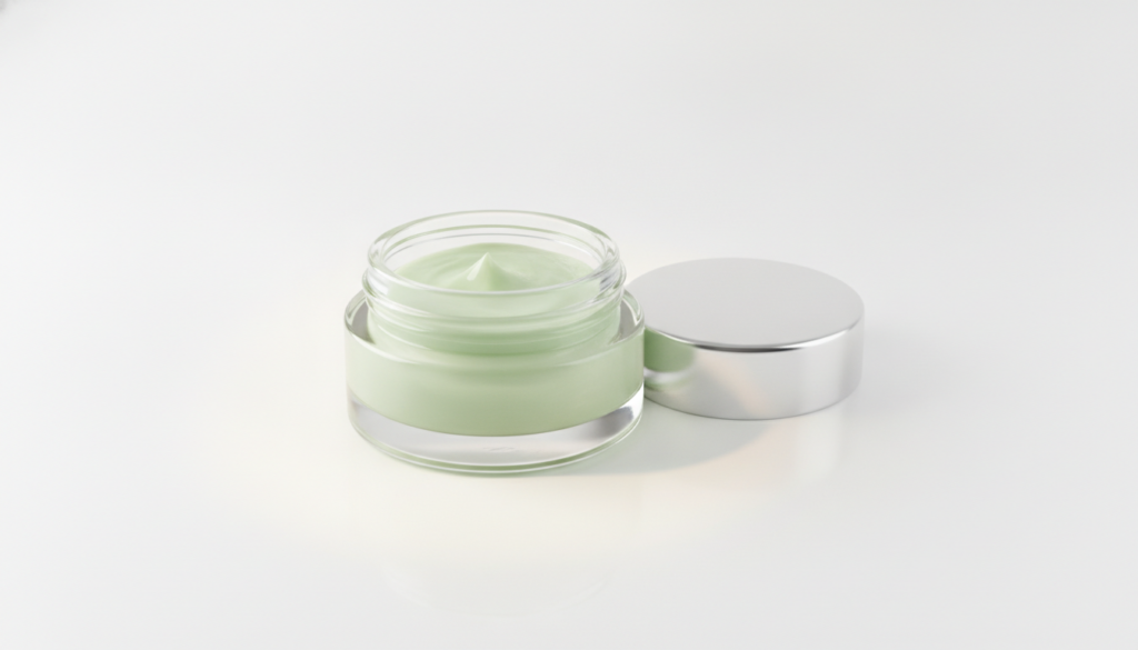 A close-up of the prepared Vaseline and cucumber balm in a small elegant jar with a soft dewy glow effect suggesting its