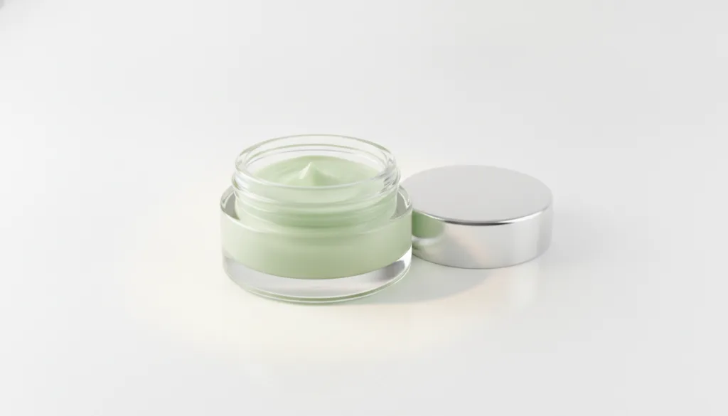 A close-up of the prepared Vaseline and cucumber balm in a small elegant jar with a soft dewy glow effect suggesting its