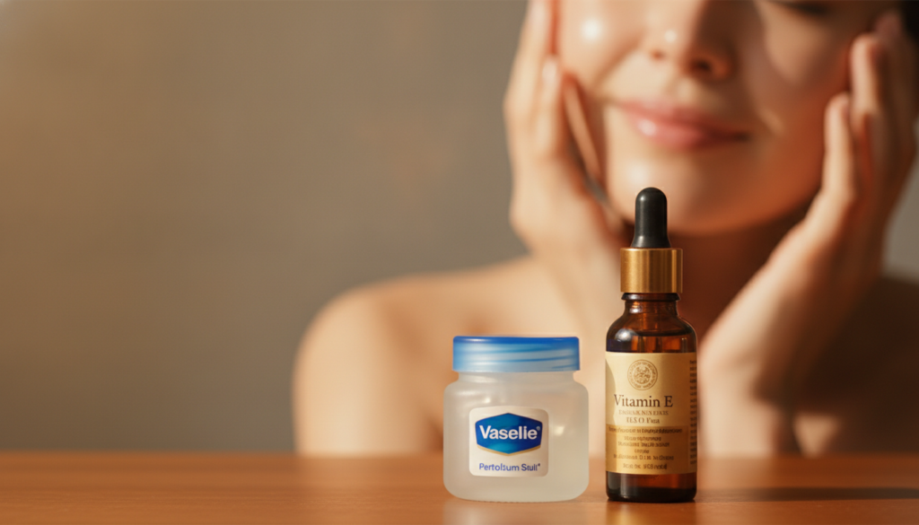 A still life image showing a jar of Vaseline and a Vitamin E capsule or small bottle of oil placed next to a woman s han