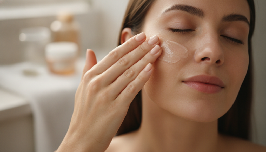 A woman s hand gently applying a thin layer of Vaseline to her clean face over an area where she has already applied a v