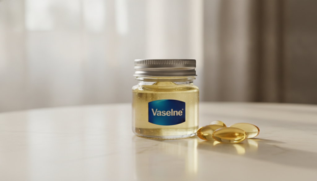 A small glass jar of Vaseline next to a few Vitamin E capsules on a clean light surface suggesting ingredients for a DIY