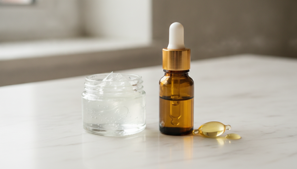 A small open jar of petroleum jelly Vaseline next to a small bottle or capsule of Vitamin E oil on a clean light-colored