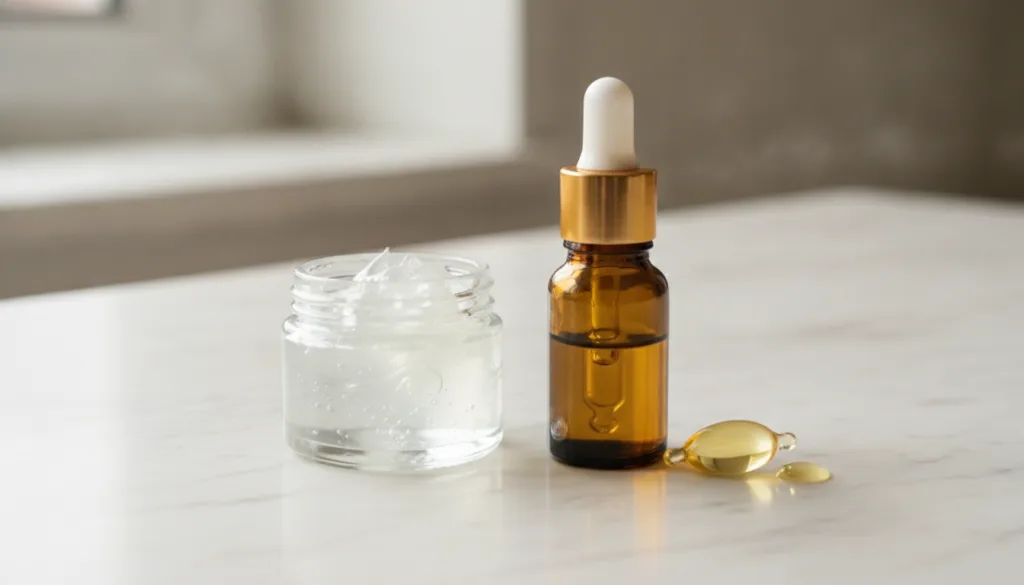 A small open jar of petroleum jelly Vaseline next to a small bottle or capsule of Vitamin E oil on a clean light-colored