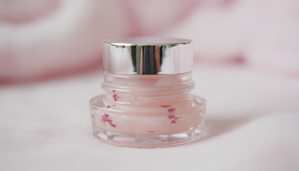 A close-up of a small glass jar filled with the finished rose-infused Vaseline balm showing a smooth slightly pinkish te