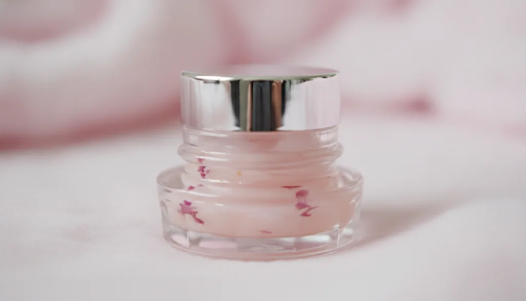 A close-up of a small glass jar filled with the finished rose-infused Vaseline balm showing a smooth slightly pinkish te