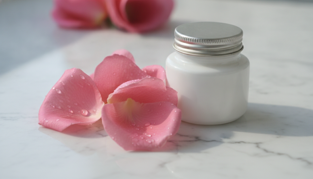 Fresh vibrant rose petals next to a classic jar of Vaseline on a clean light surface suggesting natural beauty and simpl