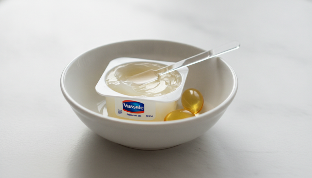 Ingredients a small tub of Vaseline a clear Vitamin E capsule and a small mixing bowl with a tiny spatula or spoon on a 