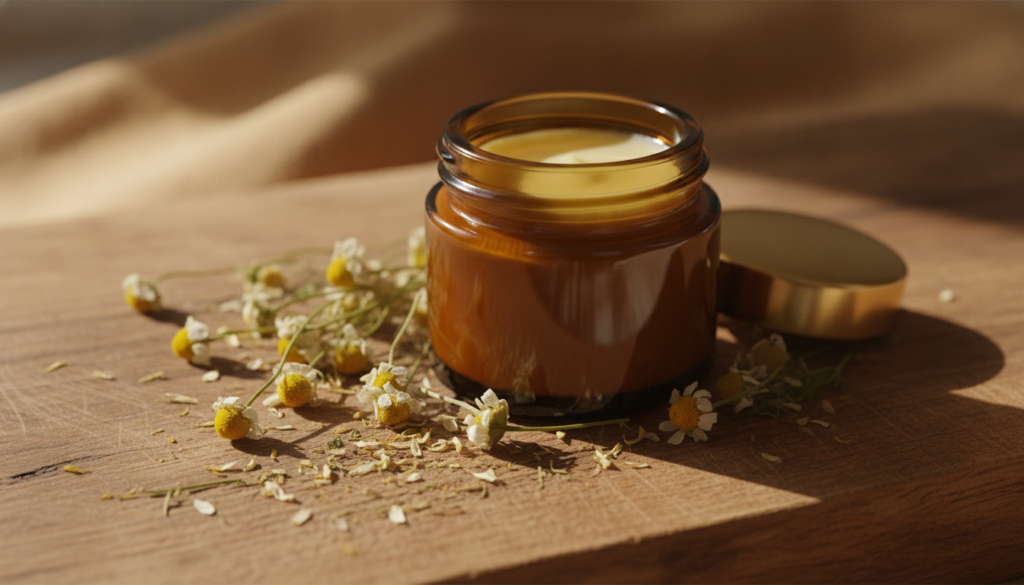 A small elegant jar of homemade chamomile night balm on a wooden surface surrounded by dried chamomile flowers and a sof