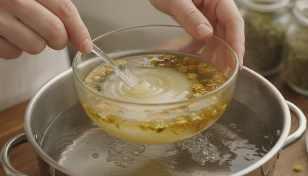 A close-up of hands gently stirring melted Vaseline and chamomile infused oil in a glass bowl over a double boiler showi