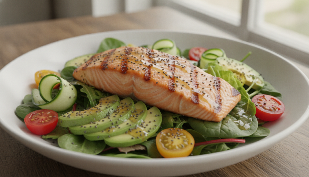 A balanced plate featuring a salmon salad bowl with various vegetables seeds and a drizzle of healthy oil representing a
