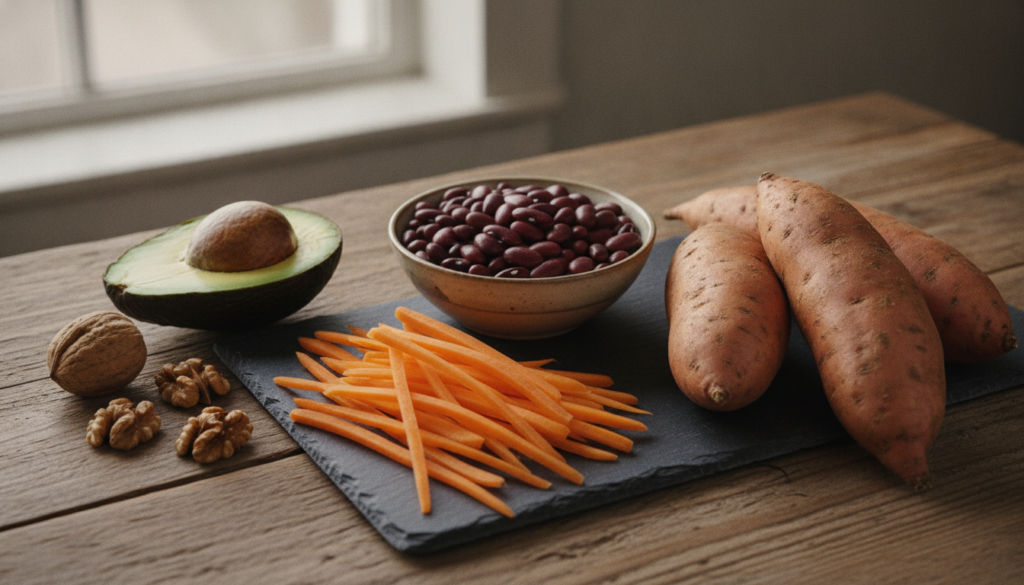 A variety of colorful healthy foods arranged aesthetically on a rustic wooden table Include walnuts sliced carrots kidne