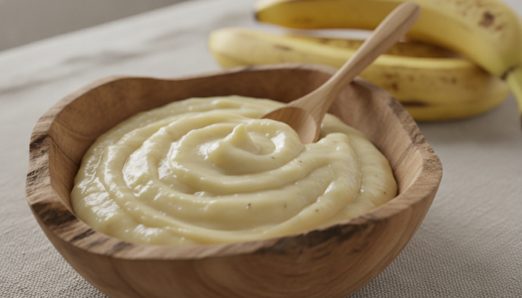 A close-up of a mashed banana in a bowl with a few whole bananas in the background on a natural wooden surface The light