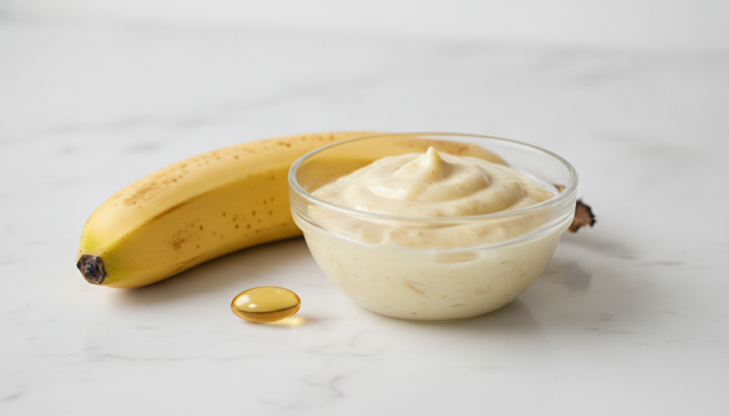 A small bowl containing the mixed banana and vitamin E mask with a vitamin E capsule and a ripe banana beside it on a cl