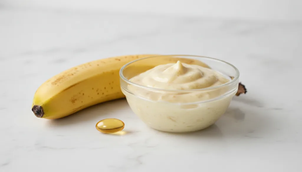 A small bowl containing the mixed banana and vitamin E mask with a vitamin E capsule and a ripe banana beside it on a cl