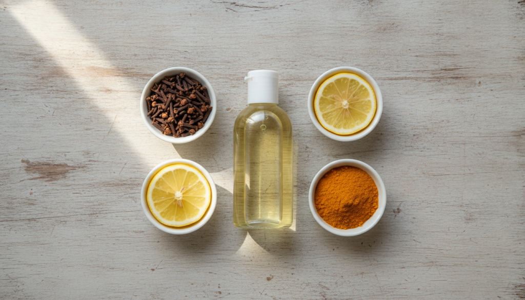 Various natural ingredients like cloves sliced lemons and turmeric powder arranged around a clear bottle of baby oil on 