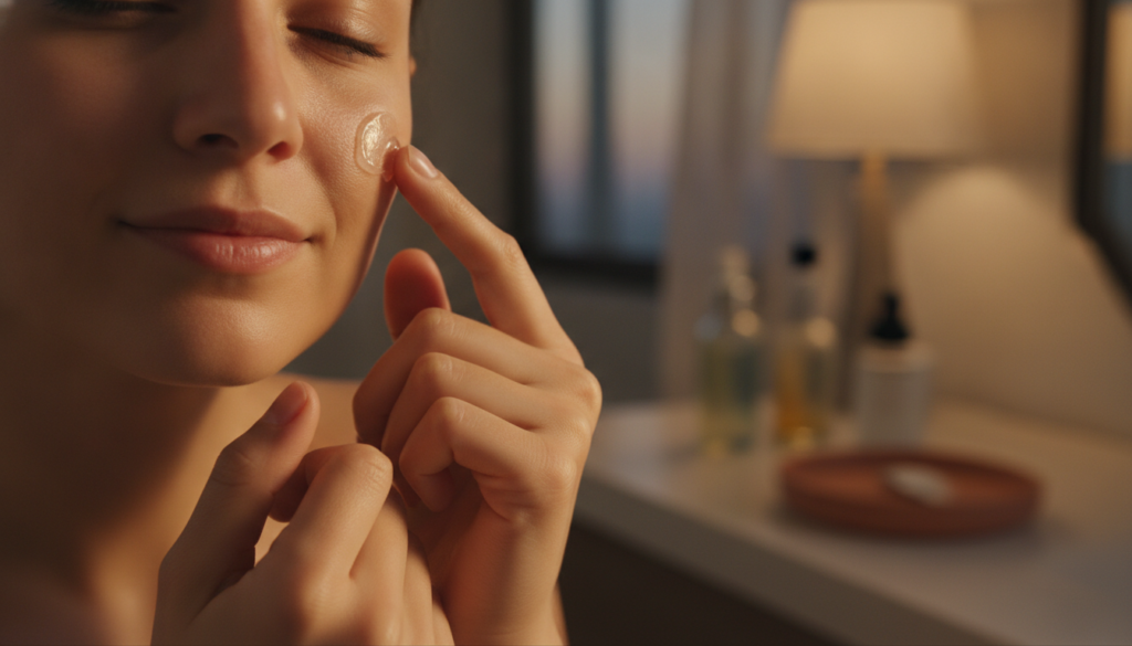 A person applying a small amount of Vaseline to their face after their skincare routine showcasing the slugging techniqu