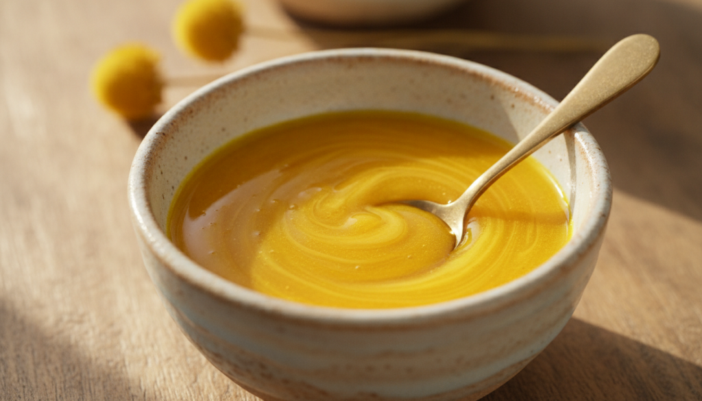 A small bowl containing baby oil mixed with turmeric powder showing its golden color with a spoon for mixing