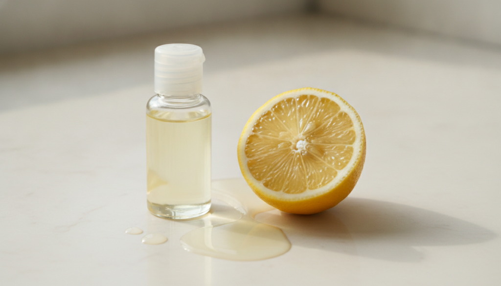 A small bottle of baby oil next to a freshly cut lemon and a few drops of lemon juice creating a bright and clean aesthe