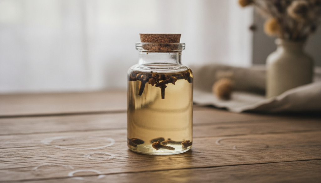 A small glass jar with baby oil and whole cloves infusing set against a blurred background of natural ingredients like s