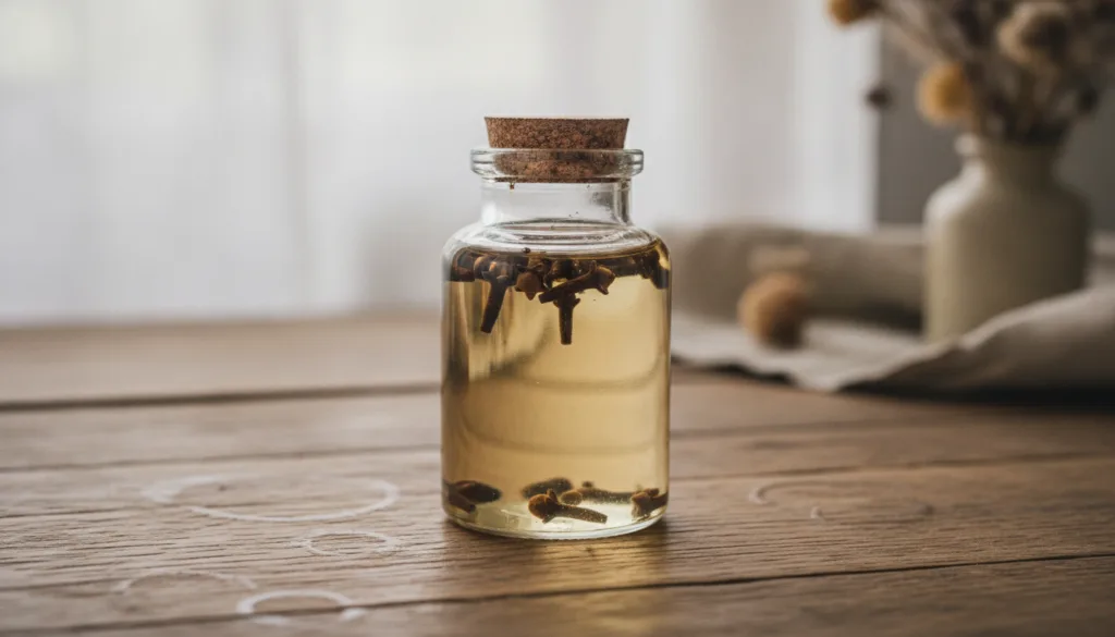 A small glass jar with baby oil and whole cloves infusing set against a blurred background of natural ingredients like s
