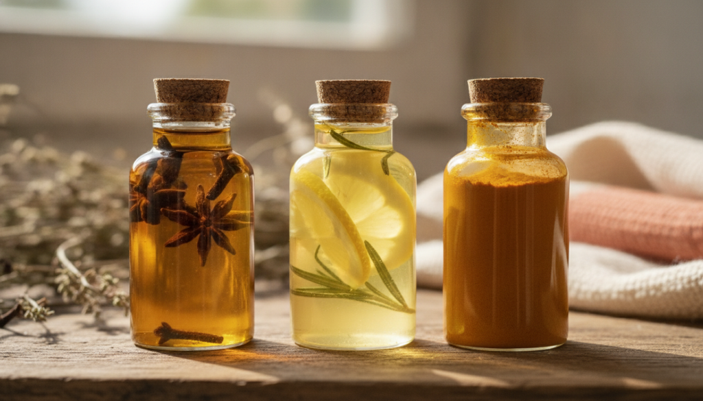 A close-up of three small glass bottles each containing a different DIY oil blend One is infused with cloves another wit