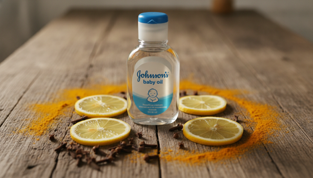 A bottle of Johnson s Baby Oil surrounded by fresh cloves sliced lemons and a small pile of turmeric powder on a wooden