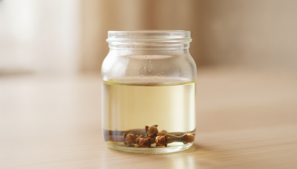 A small glass jar with Johnson s Baby Oil and whole cloves infusing The oil is light yellow with dark cloves at the bott
