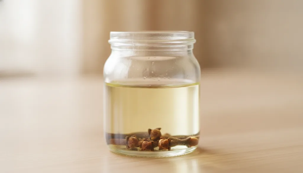 A small glass jar with Johnson s Baby Oil and whole cloves infusing The oil is light yellow with dark cloves at the bott