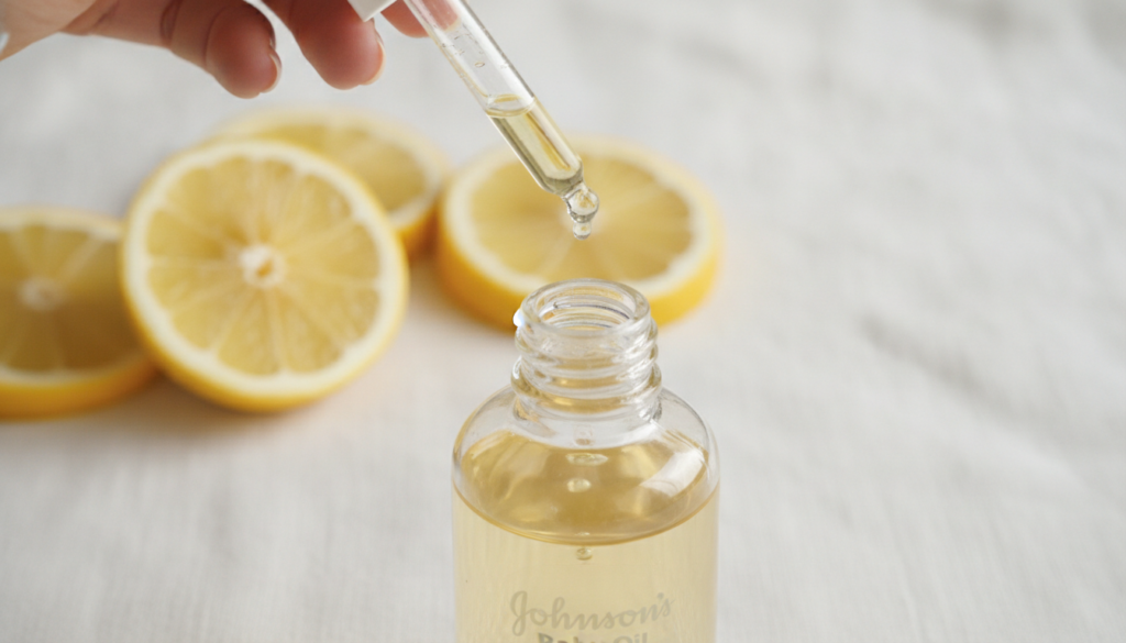 A small bottle containing Johnson s Baby Oil with a few drops of lemon essential oil being added or lemon zest infusing