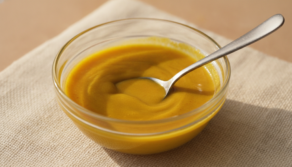 A small bowl with a bright yellow mixture of Johnson s Baby Oil and turmeric powder ready to be applied