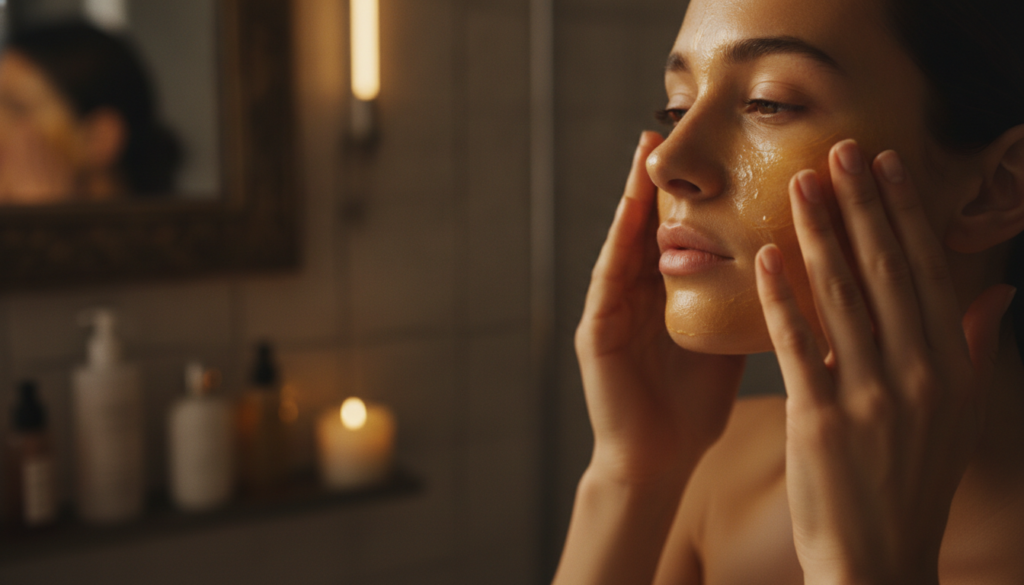 A close-up of hands gently massaging the golden balm onto a clean face at night with a soft glowing light effect